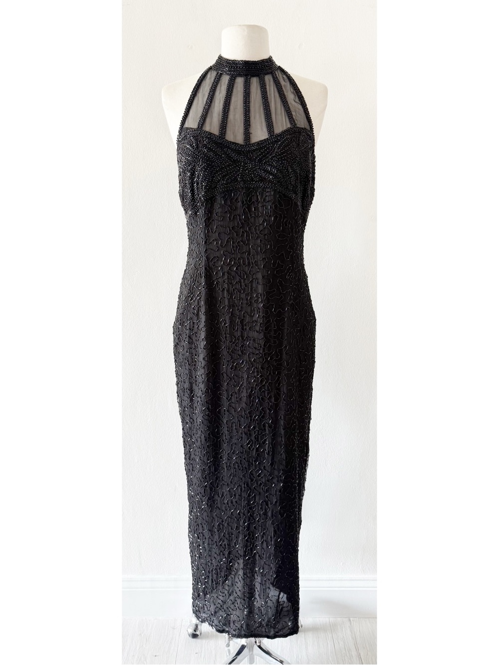 Vintage 90s Stenay High Neck Mesh Black Beaded Dress Size 6
